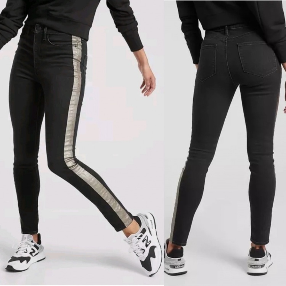 Athleta Sculptek Ultra Skinny Jean Carbon black Wash Metallic Stripe SZ 6